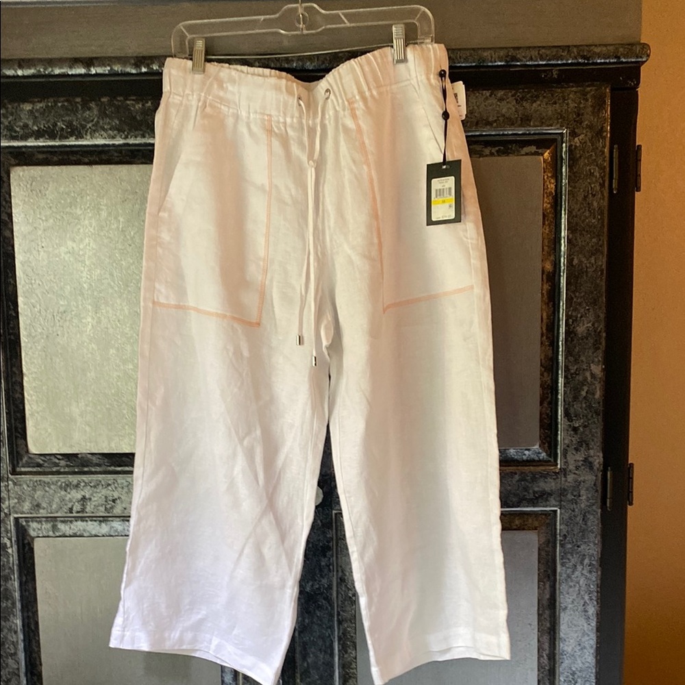 NWT DKNY White Linen Capris with Drawstring Waist and Relaxed Fit